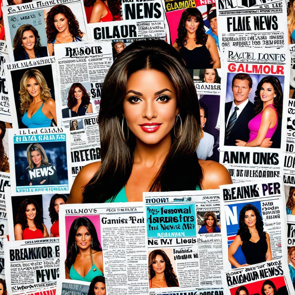 A dynamic collage featuring Racquel Darrian with a spotlight on her glamour shots, an interviewer speaking with her, a group of enthusiastic fans holding banners, and a breaking news banner on the side. The background should have a subtle, sleek newspaper motif. super-realistic. vibrant colors. 