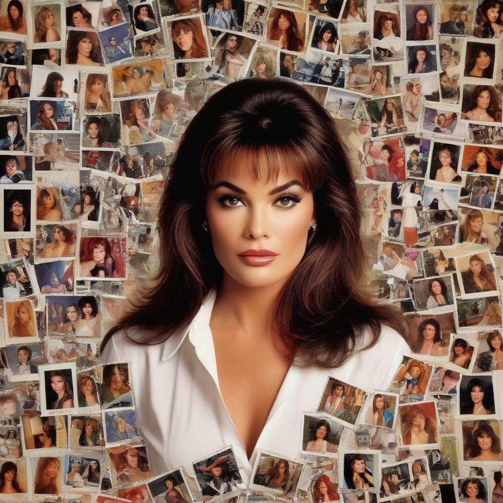 A captivating portrait of Racquel Darrian in the center, surrounded by a collage of snapshots from different phases of her career. Include a mix of candid photos, magazine covers, and behind-the-scenes clips, all elegantly overlapping. Background should have a soft gradient transitioning from vintage film reel to modern digital frames, highlighting the evolution of her career. Use a glamorous and nostalgic touch to capture her essence. super-realistic. vibrant colors.